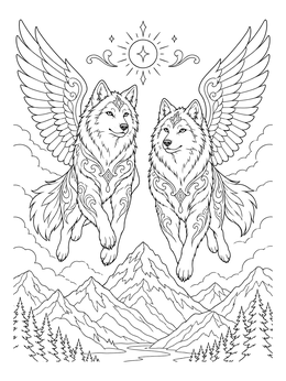 A magic wolf with wings coloring page showing two celestial wolves flying above mountain peaks.
