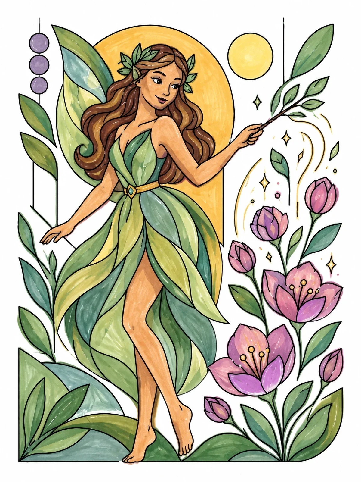 Colored example of the Woodland Fairy Blooming Garden coloring page