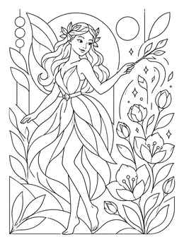 A woodland fairy waves a wand in this magic coloring page surrounded by blooming flowers.