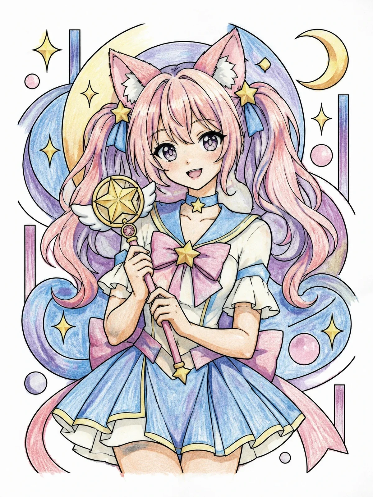 Colored example of the Magical Anime Cat Girl coloring page