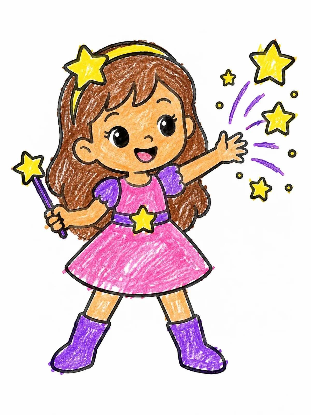 Colored example of the Little Magic Girl With Star Sparkles coloring page