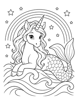 A cute mermicorn coloring page featuring waves, stars, and a rainbow.
