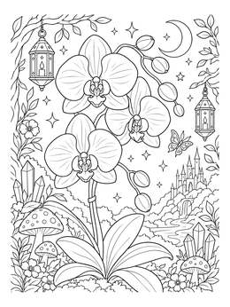 Detailed orchid coloring page featuring blooming orchids, hanging lanterns, and a fairy tale castle.