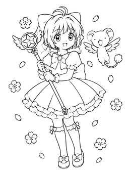 Free printable Magical Sakura With Flying Companion coloring page