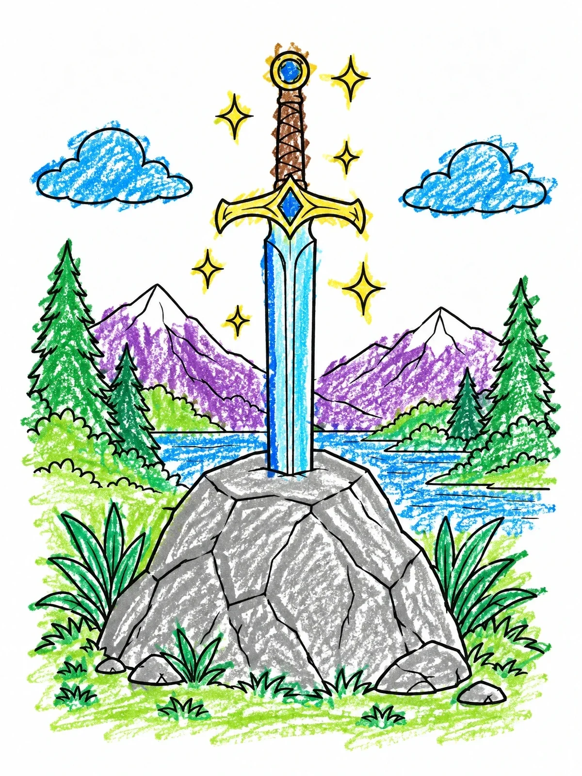 Colored example of the Magical Sword In The Stone coloring page