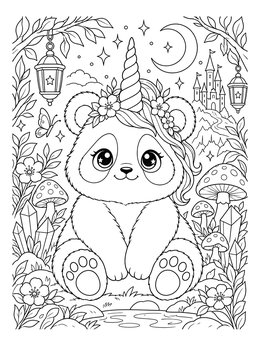 A magical unicorn panda coloring page with a castle, crystals, mushrooms, and stars.