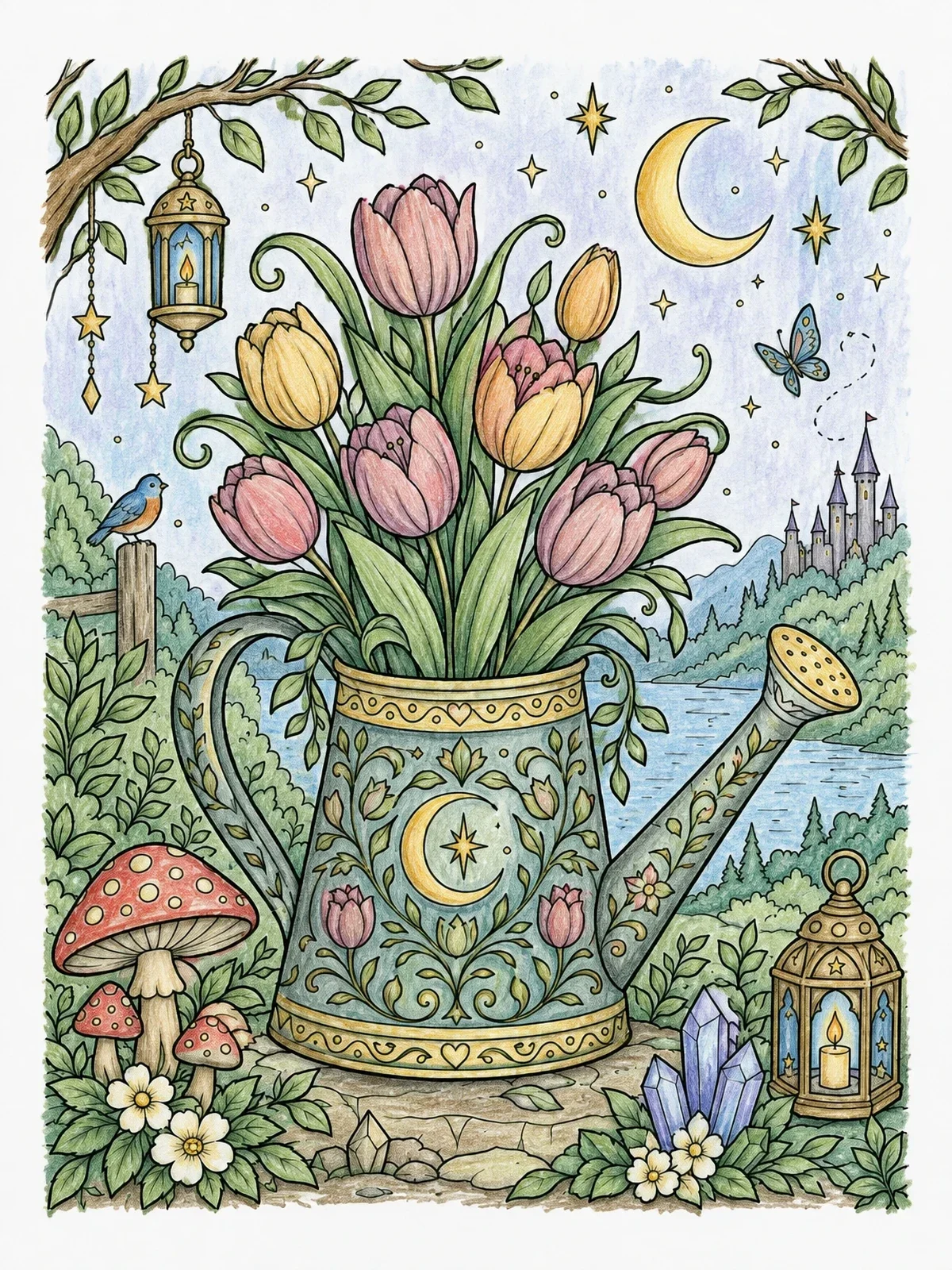 Colored example of the Watering Can Bouquet Under Crescent Moon coloring page