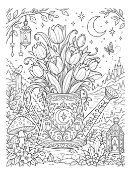 An ornate watering can bouquet fills this magical tulip coloring page beneath a starry night sky.