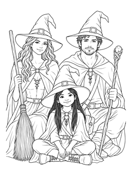 A magical family in pointed hats in this detailed witch coloring page.