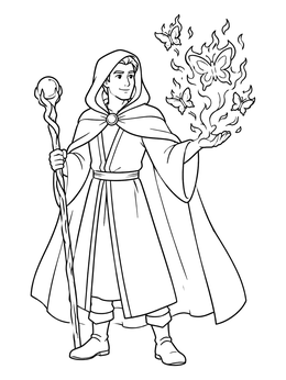 Free printable Cloaked Wizard With Magical Butterflies coloring page
