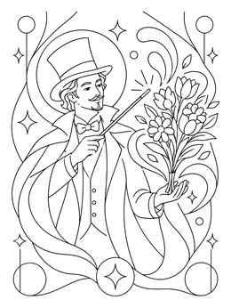 An elegant magician coloring page showing a performer in a top hat conjuring blooming flowers with his wand.