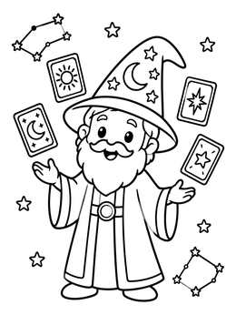 Free printable Cute Wizard With Floating Cards coloring page