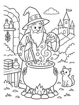 Free printable Friendly Wizard Brewing Magic Potion coloring page