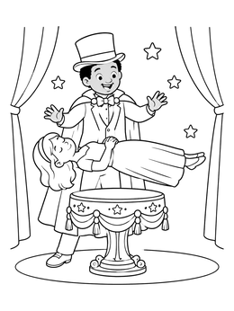 Free printable Magician Levitating Assistant On Stage coloring page