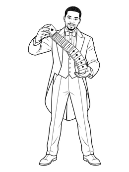 An elegant magician coloring page showing an entertainer cascading playing cards between his hands.