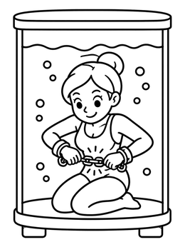 An escape artist in a magician coloring page unlocks chains inside a water tank.