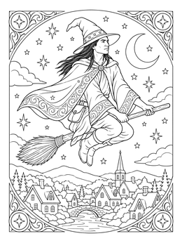 A detailed magician coloring page showing a wizard flying on a broomstick above a tranquil village under stars.