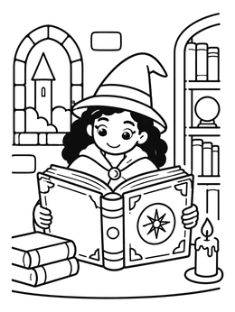 Free printable Young Sorcerer Apprentice Reading Spellbook coloring page