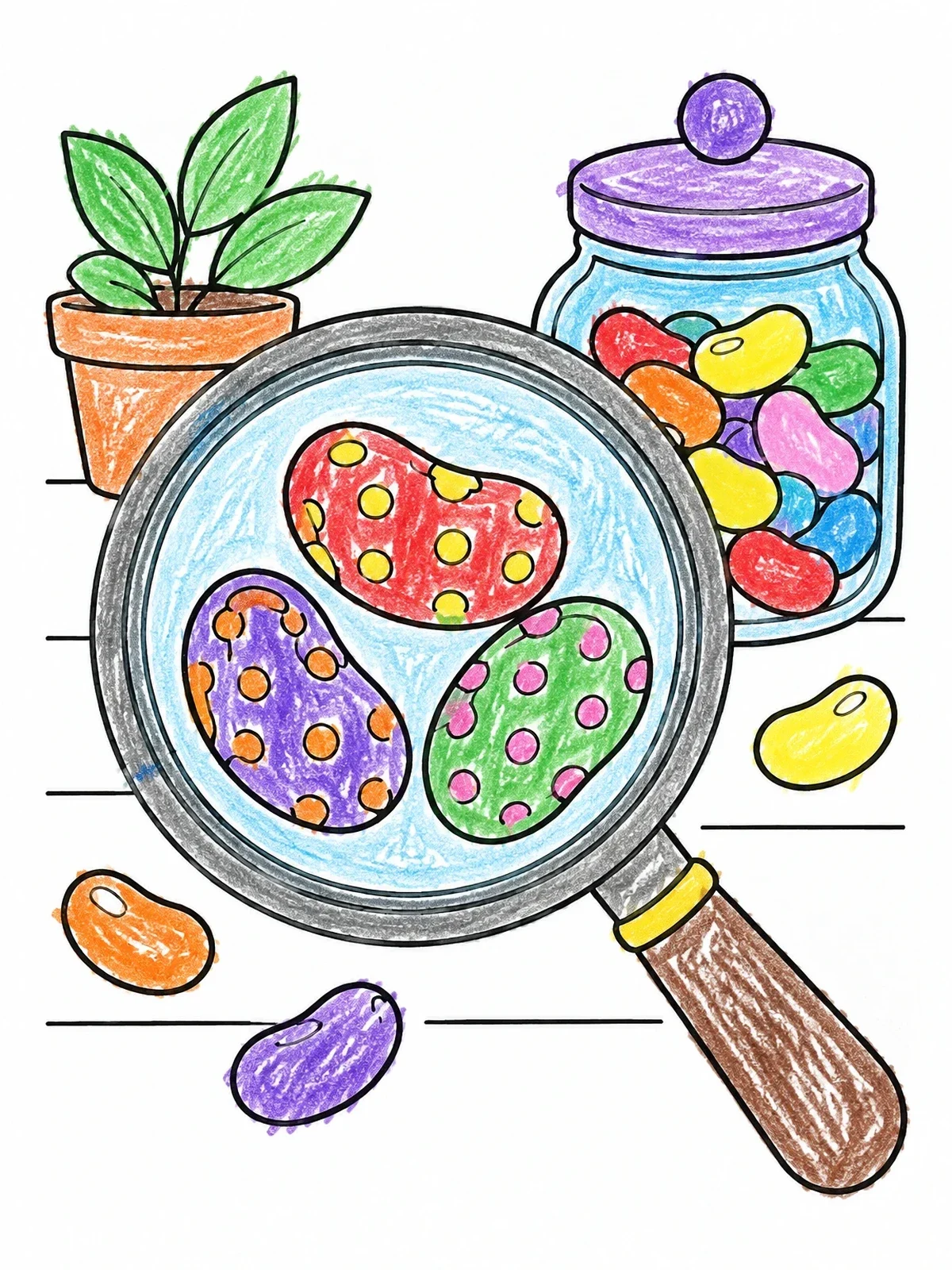 Colored example of the Magnifying Glass Over Spotted Beans coloring page