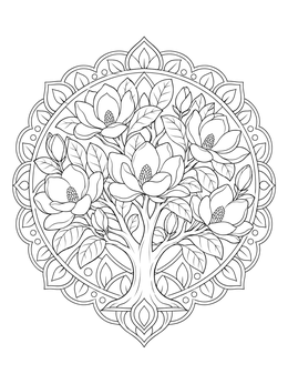 A blooming magnolia tree coloring page set inside an intricate mandala frame.