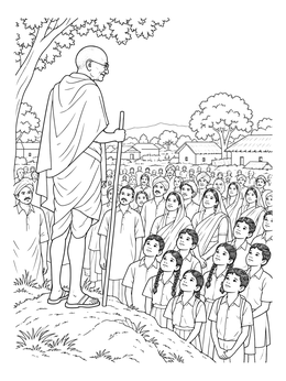 Detailed gandhi coloring page showing Mahatma Gandhi with a walking staff addressing a crowd of villagers.