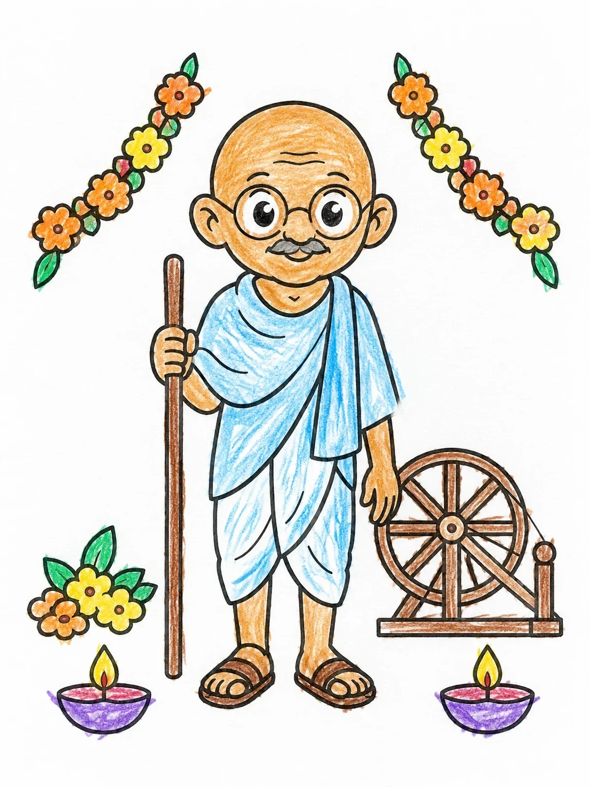 Colored example of the Mahatma Gandhi With Charkha And Garlands coloring page