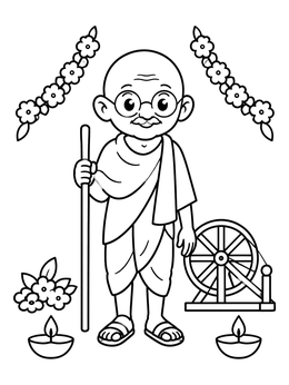 Free printable Mahatma Gandhi With Charkha And Garlands coloring page