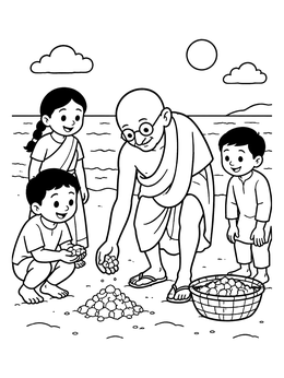 Free printable Mahatma Gandhi And Children Gathering Salt coloring page