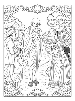 Detailed gandhi coloring page showing Mahatma Gandhi greeting villagers with folded hands.