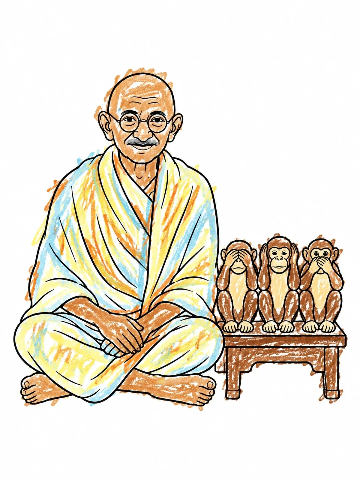 Colored example of the Mahatma Gandhi And Three Wise Monkeys coloring page