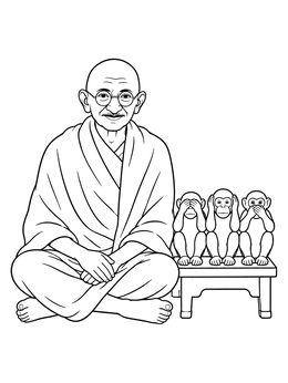 A peaceful Mahatma gandhi coloring page sitting next to the three wise monkeys on a bench.