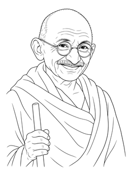 A detailed gandhi coloring page showing Mahatma Gandhi smiling with round glasses and a walking stick.