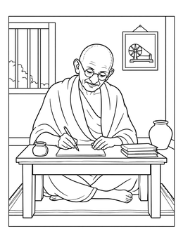 A serene gandhi coloring page showing Mahatma Gandhi seated cross-legged writing with a pen at a wooden table.