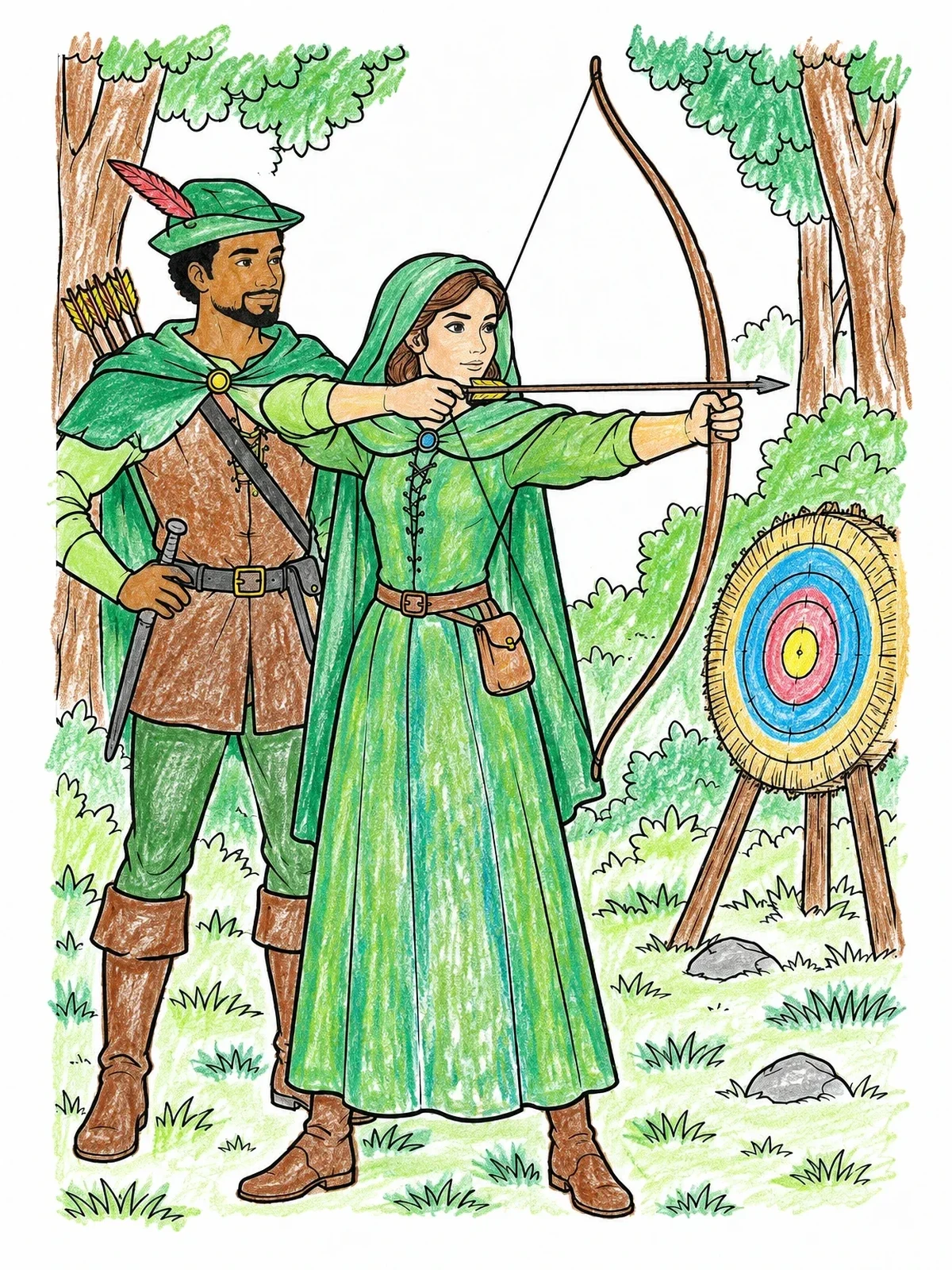 Colored example of the Maid Marian And Robin Hood Archery Practice coloring page