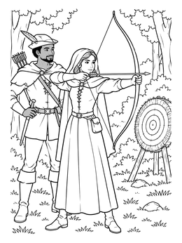 Maid Marian draws a bow beside Robin Hood in this robin hood coloring page.