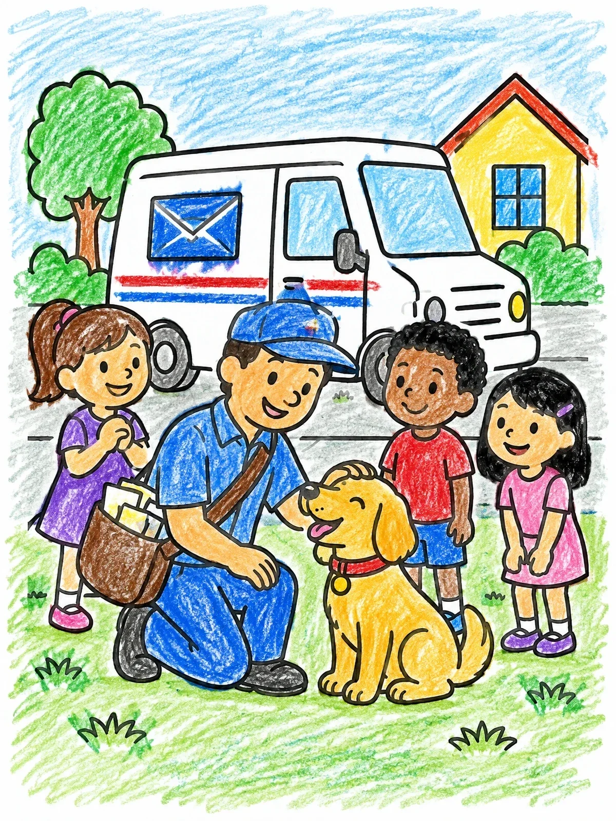 Colored example of the Friendly Mail Carrier Petting A Dog coloring page