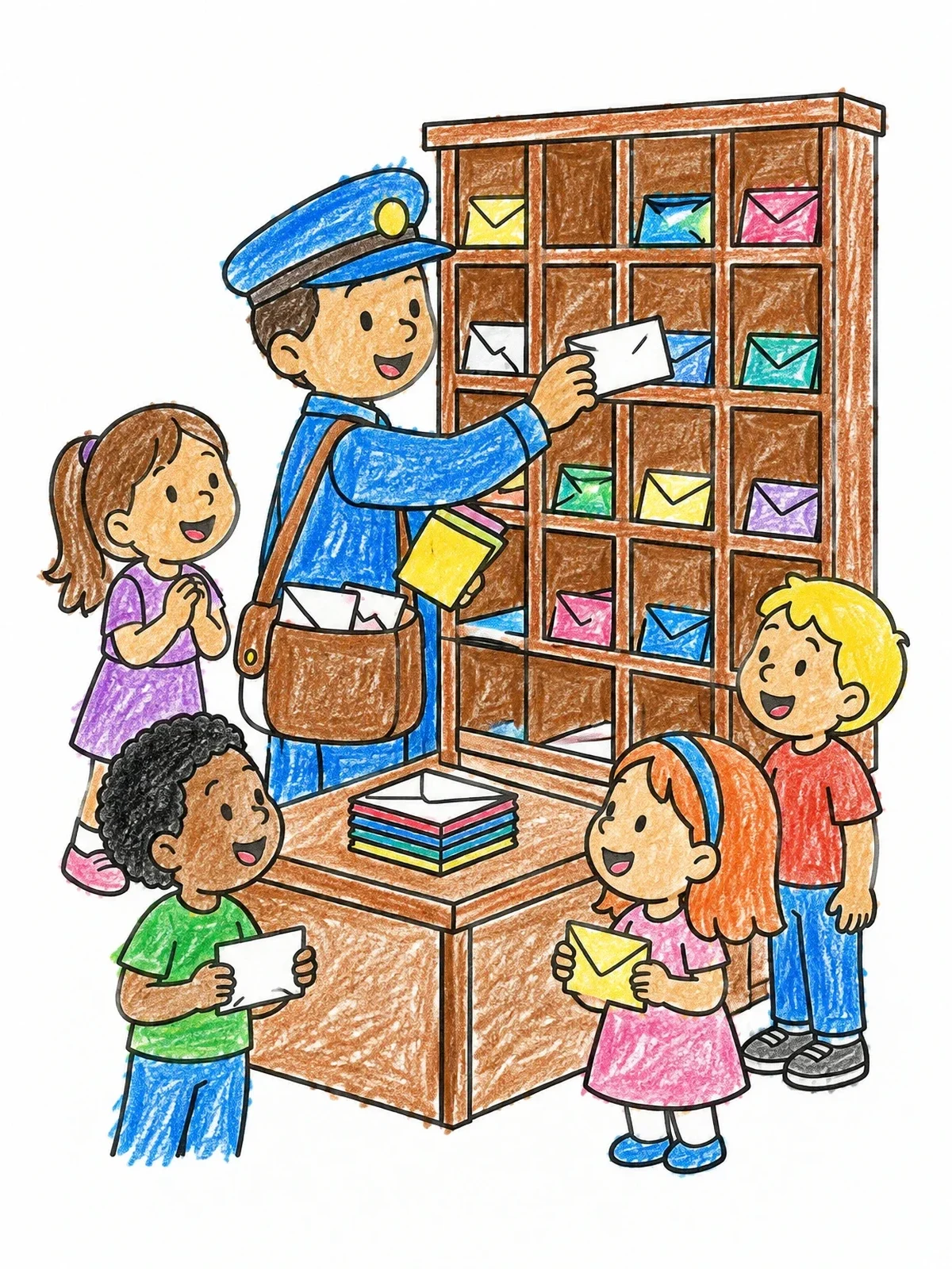 Colored example of the Mail Carrier Sorting Letters With Children coloring page