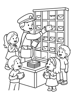 Free printable Mail Carrier Sorting Letters With Children coloring page