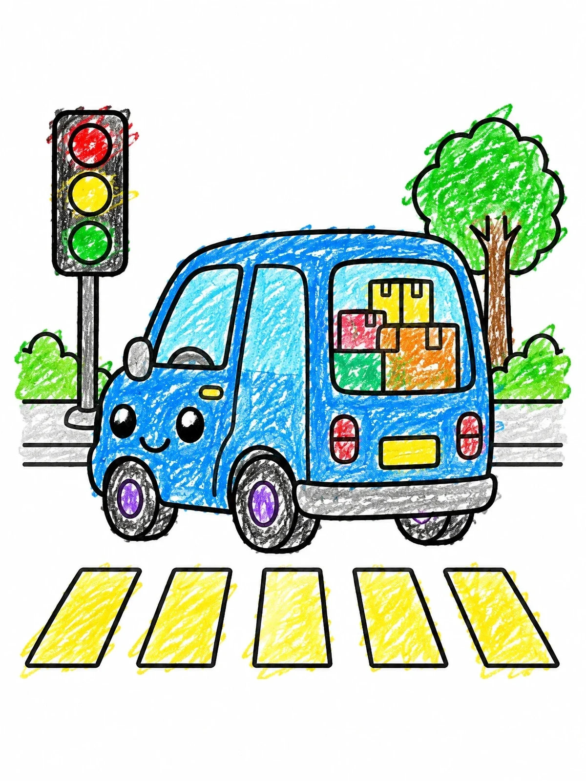 Colored example of the Cute Delivery Van At Crosswalk coloring page