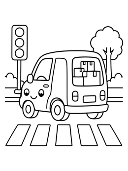 Free printable Cute Delivery Van At Crosswalk coloring page