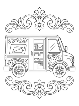 An ornate mail delivery truck coloring page with open sliding door showing packages and letters.