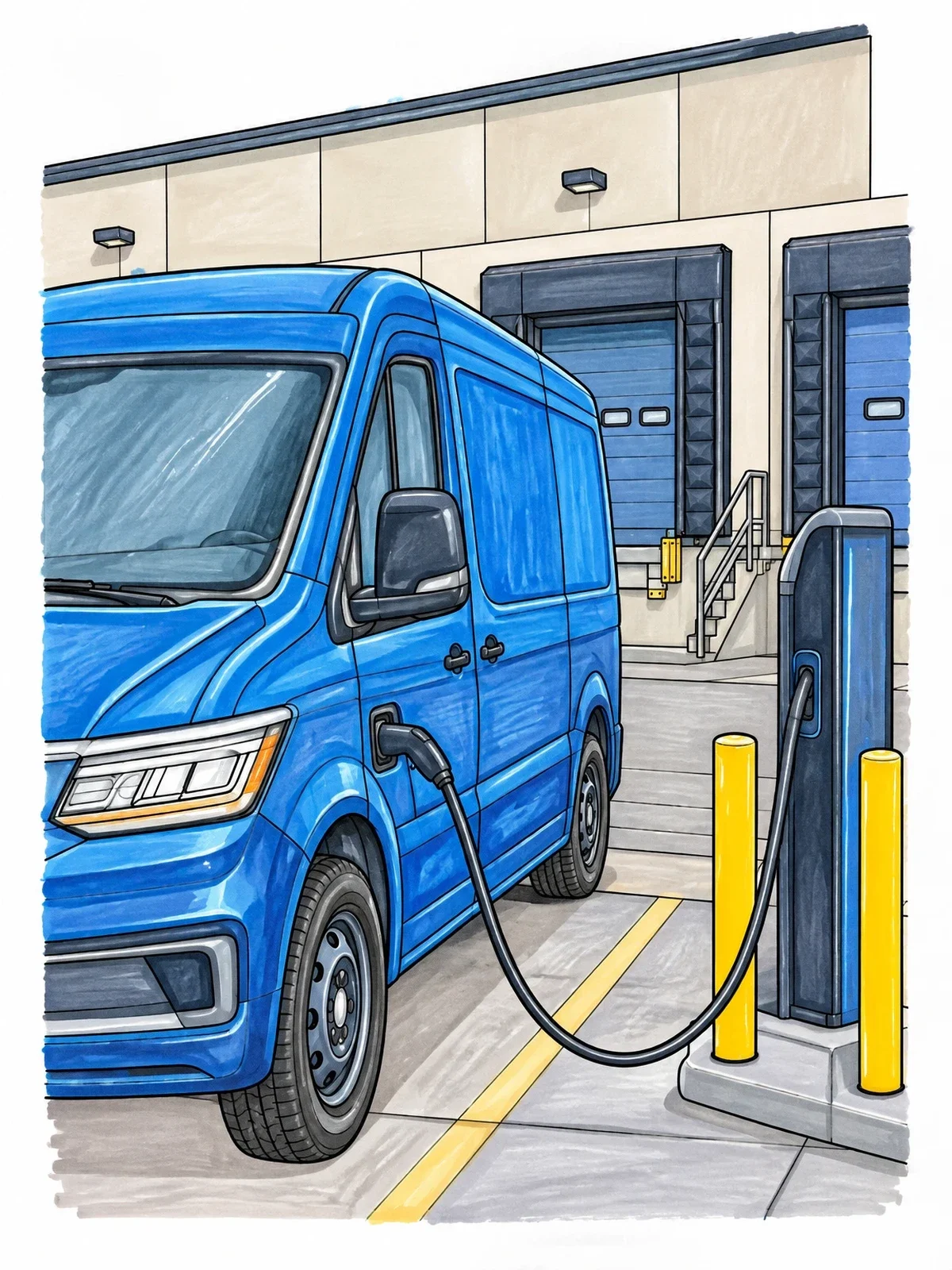 Colored example of the Electric Delivery Van At Depot coloring page