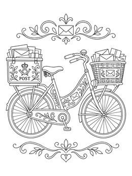 A vintage postal delivery bicycle packed with letters in this mail man coloring page.
