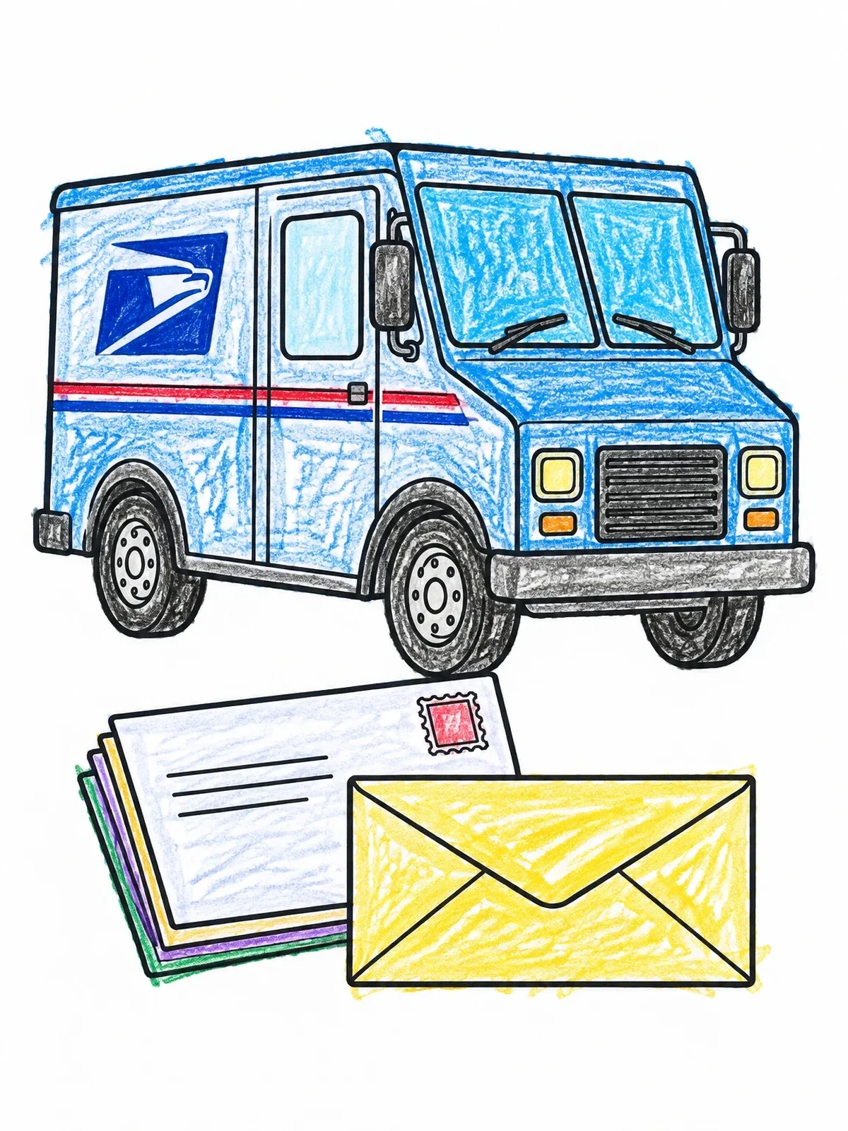 Colored example of the Postal Delivery Truck And Envelopes coloring page