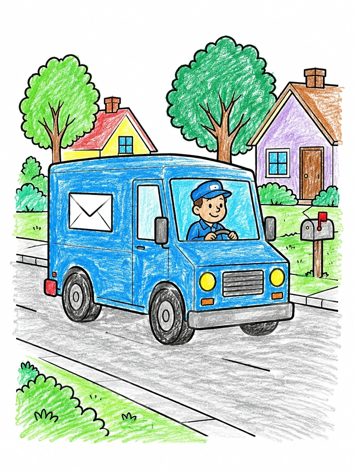 Colored example of the Mail Truck Driving Through Neighborhood coloring page