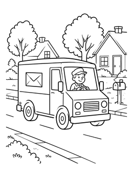 Free printable Mail Truck Driving Through Neighborhood coloring page