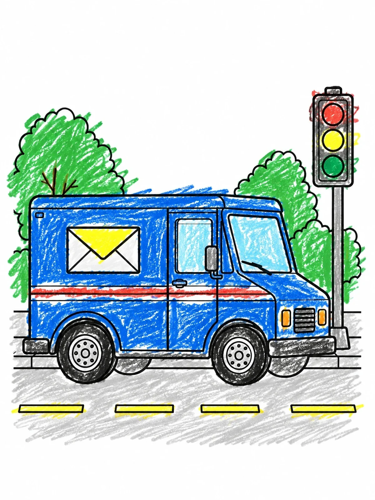 Colored example of the Mail Truck At Traffic Light coloring page