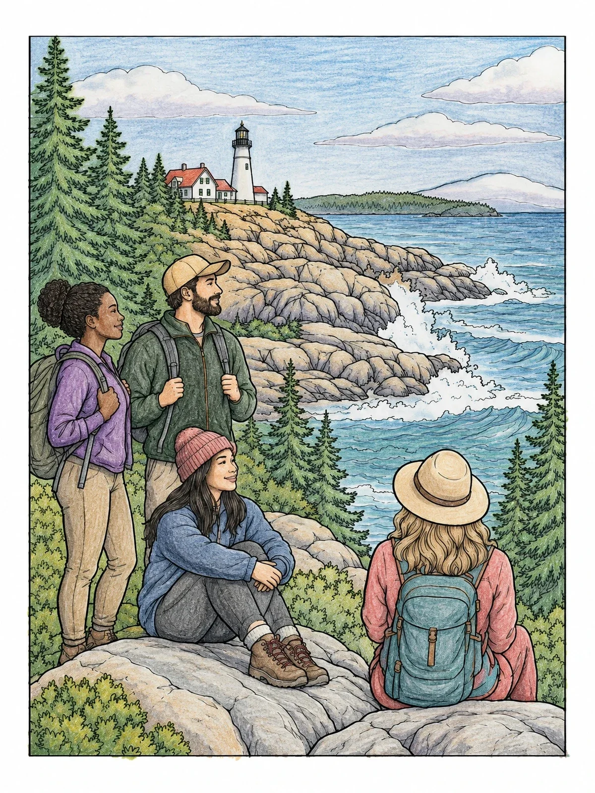 Colored example of the Hikers Overlooking Maine Lighthouse Coast coloring page