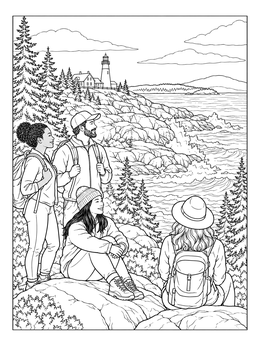 Free printable Hikers Overlooking Maine Lighthouse Coast coloring page