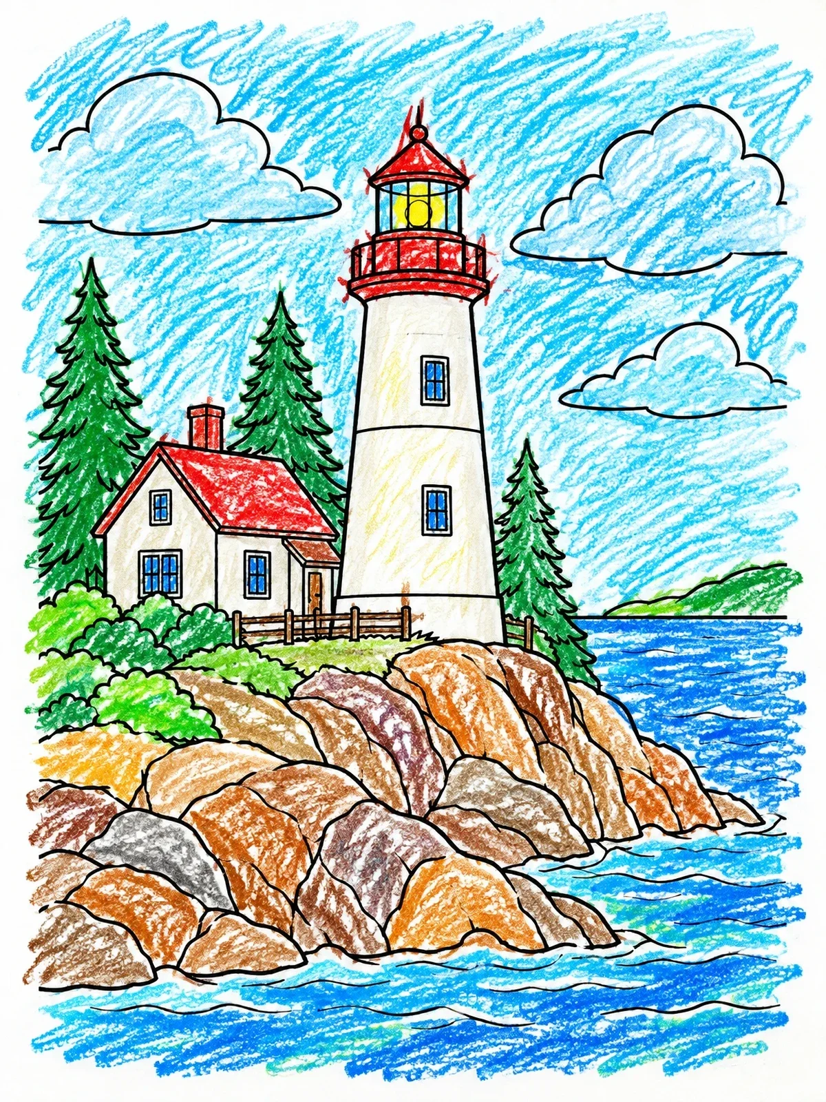 Colored example of the Maine Coastal Lighthouse On Rocky Shore coloring page